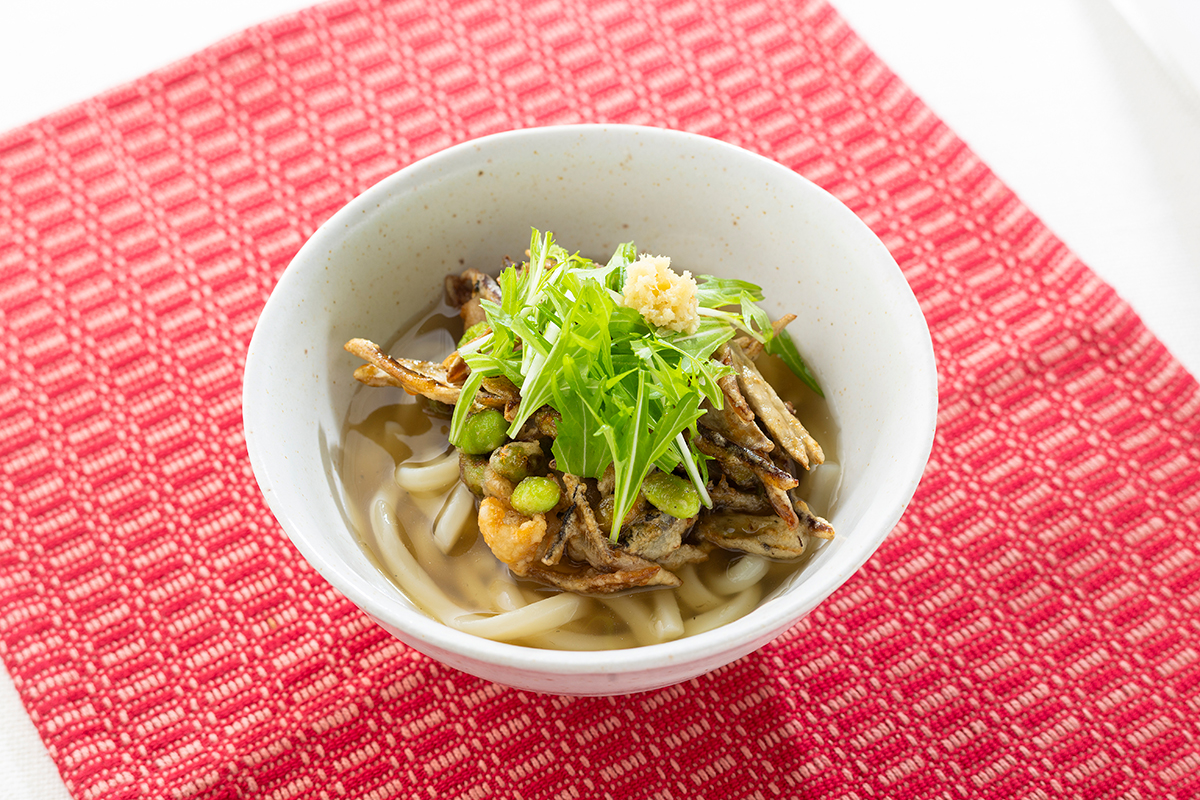 「山口の味を一杯に～ごぼう香るチキンチキンごぼう風かき揚げうどん～」